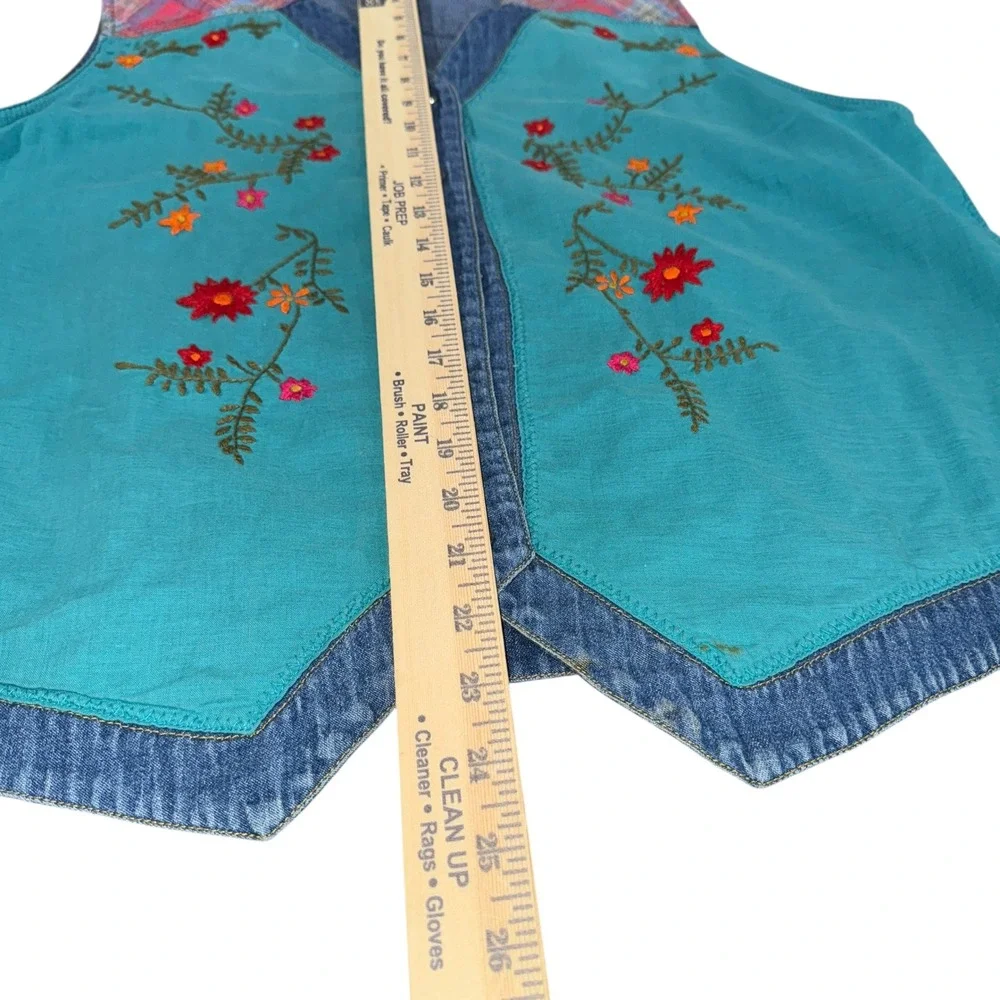 Vtg. Y2K Carole Little Floral Embroidered Denim Vest Western‎ Plaid Womens 14W